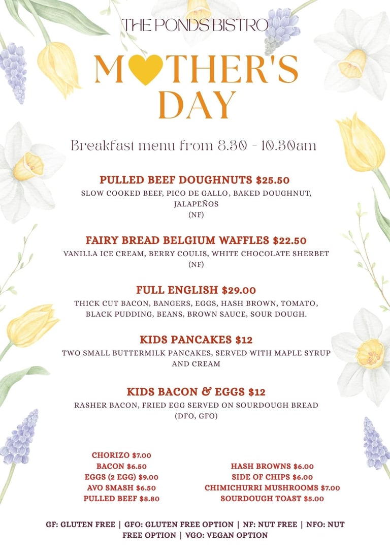 The Ponds Bistro Mothers Day breakfast menu featuring brunch items with prices, floral watercolor design borders, and dietary options listed