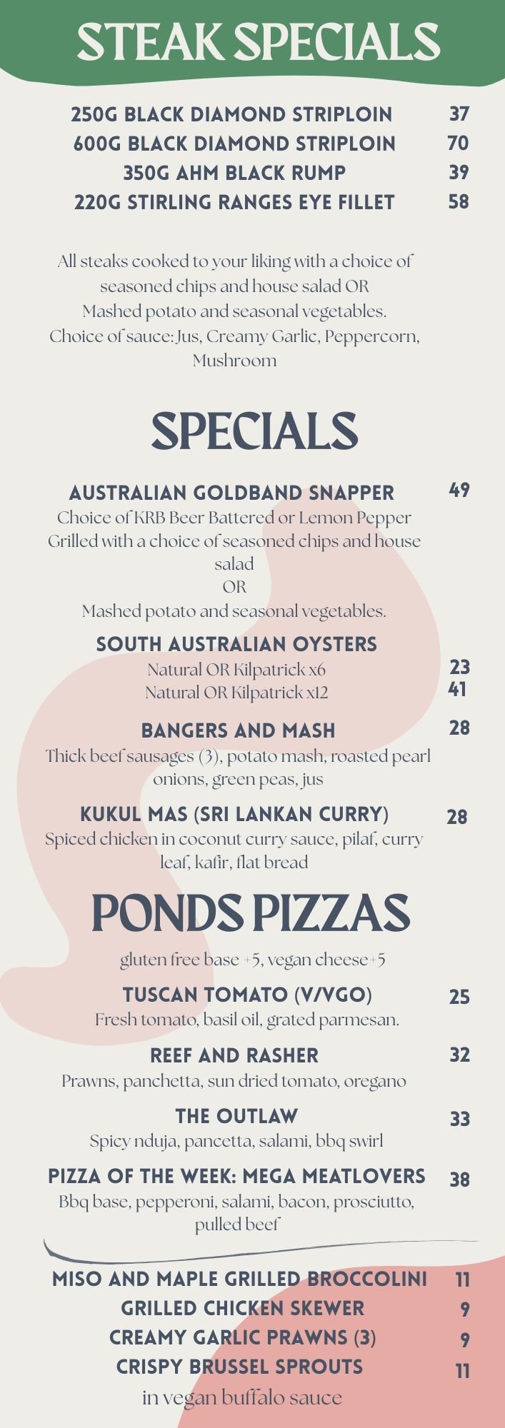 Restaurant menu displaying steak specials, seafood and pizza options with prices ranging from 9 to 70 dollars