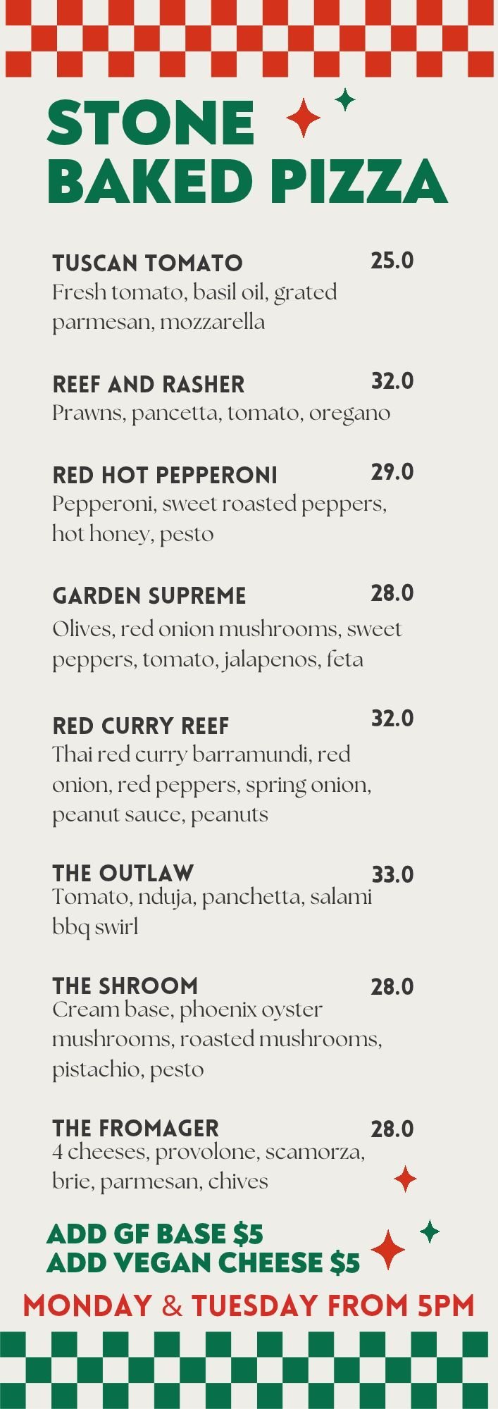 Stone Baked Pizza menu with 9 pizzas listed, prices ranging from 25-33, featuring varieties like Tuscan Tomato, Reef and Rasher, and Red Hot Pepperoni
