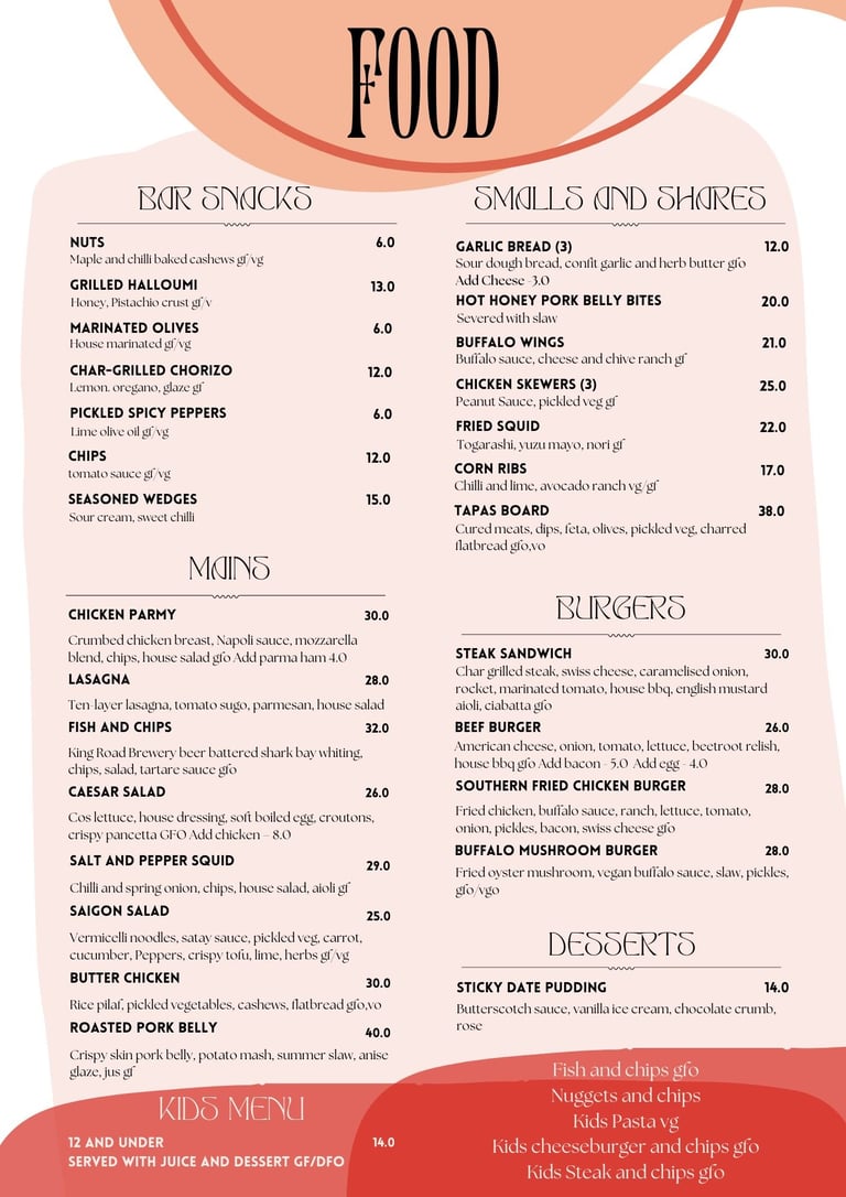 Restaurant menu with food categories including Bar Snacks, Mains, Burgers, Tapas Board, Smalls and Shares, Desserts, and Kids Menu with prices