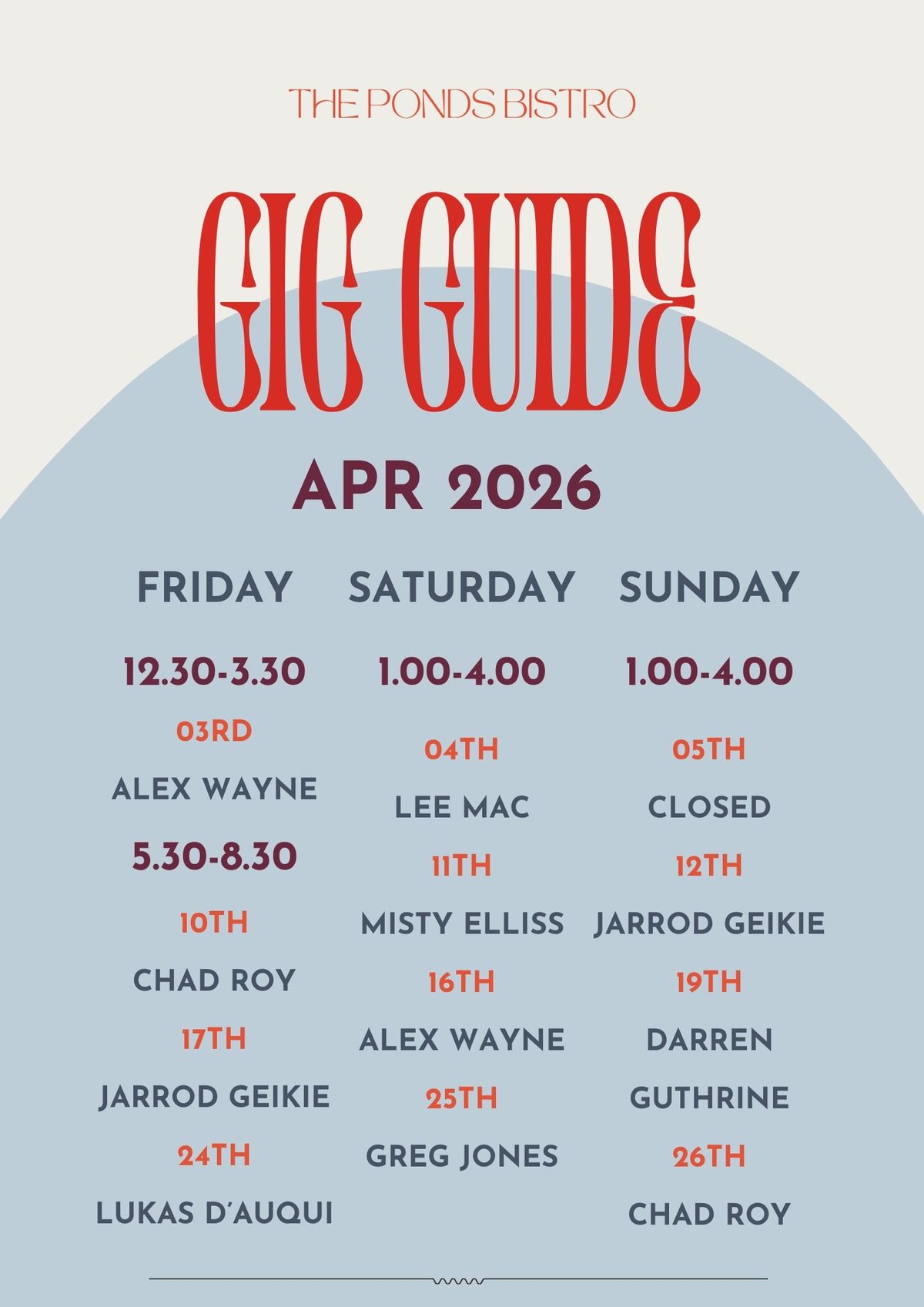 The Ponds Bistro Gig Guide for April 2026 showing performance dates and artist names across Friday, Saturday, and Sunday