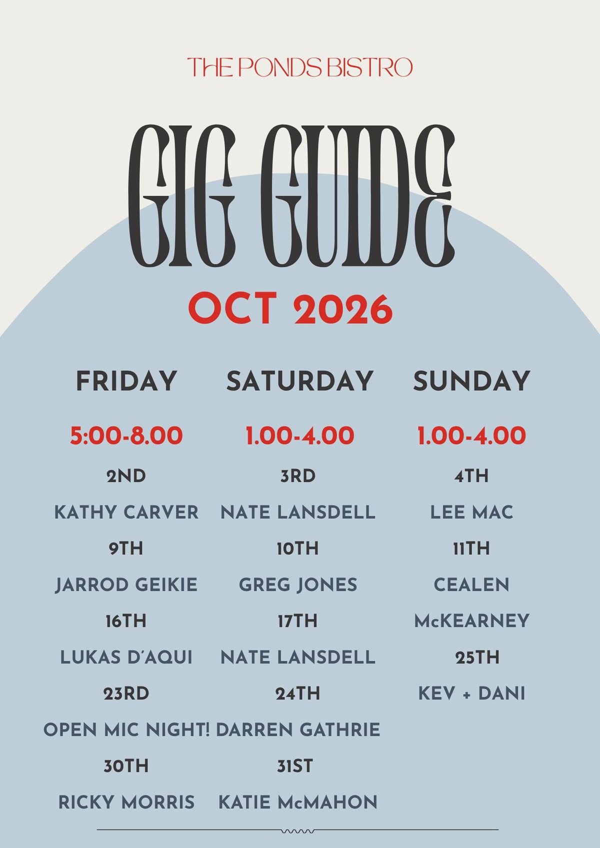 The Ponds Bistro Gig Guide for October 2026 featuring comedy performances Friday through Sunday with various comedians listed by date and time.