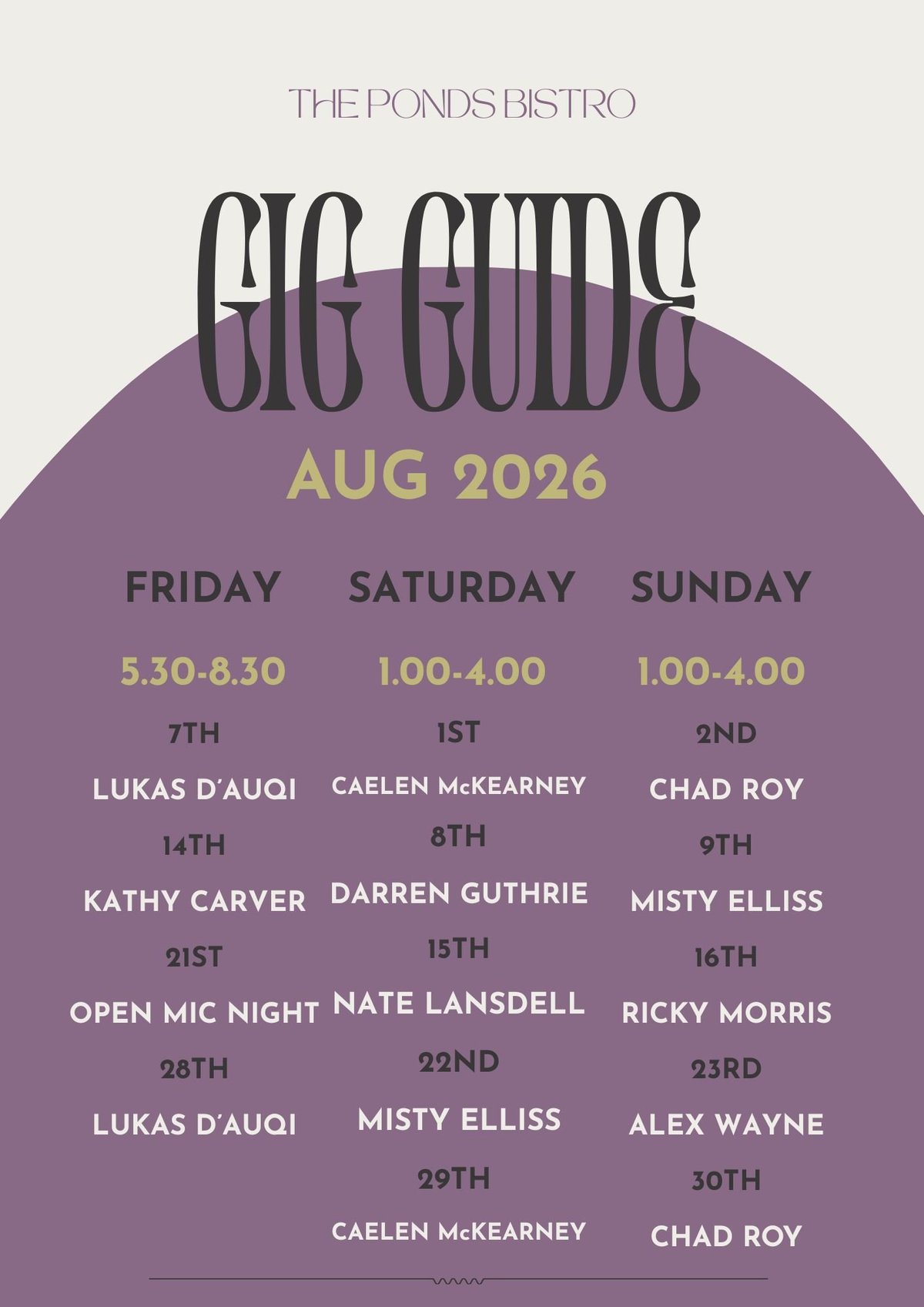 The Ponds Bistro Open Mic Night schedule for August 2026, showing dates and performer names across Friday, Saturday, and Sunday.