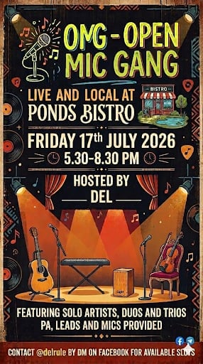 OMG Open Mic Gang event poster for July 17, 2026 at Ponds Bistro, hosted by Del from 5:30-8:30 PM featuring solo artists, duos and trios