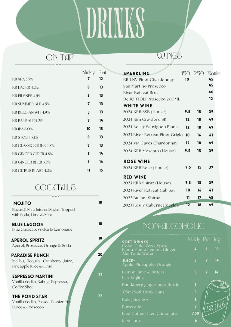 Restaurant beverage menu listing drinks on tap, wines, cocktails, and non-alcoholic options with prices
