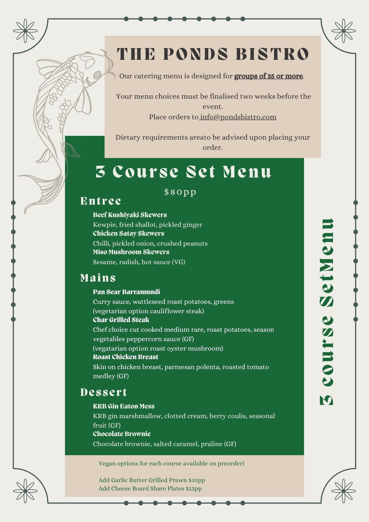The Ponds Bistro 5 Course Set Menu featuring soup, entree, mains, and dessert options with pricing and catering details