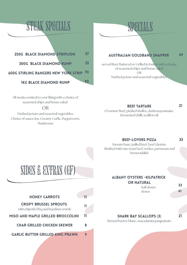 Restaurant menu featuring steak specials, sides and extras, and beef dishes with prices ranging from 8 to 70 dollars