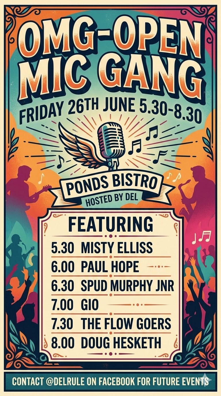 Colorful vintage-style poster for OMG Open Mic Gang event at Ponds Bistro on June 26, featuring six performers with times and hosted by Del