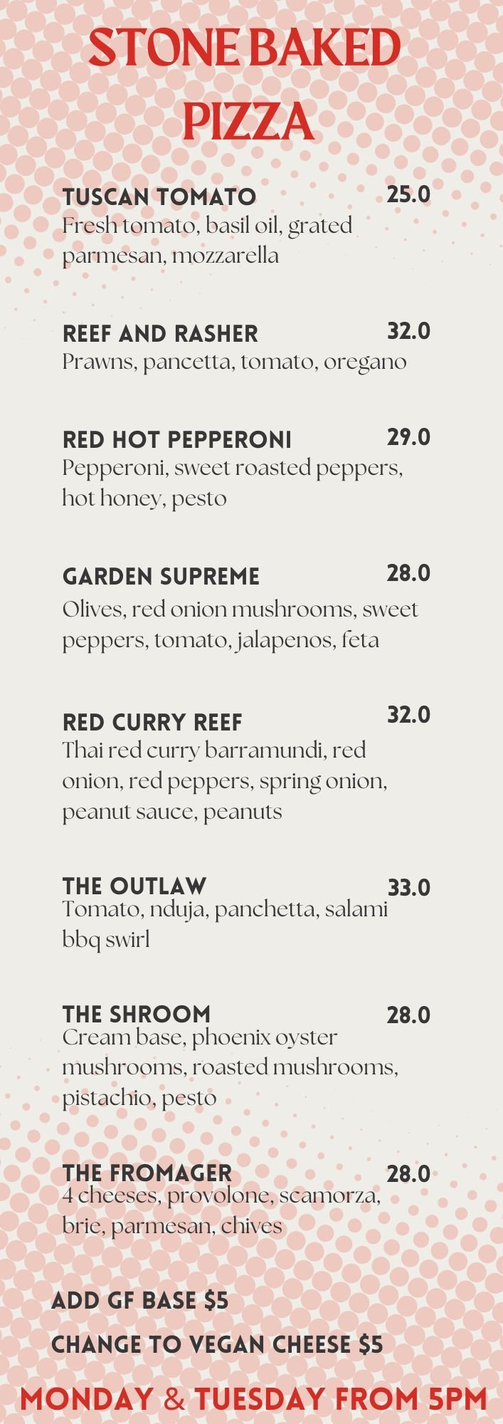 Stone baked pizza menu listing 8 pizzas with names, ingredients, and prices ranging from 25-33, with options to add gluten-free base or vegan cheese