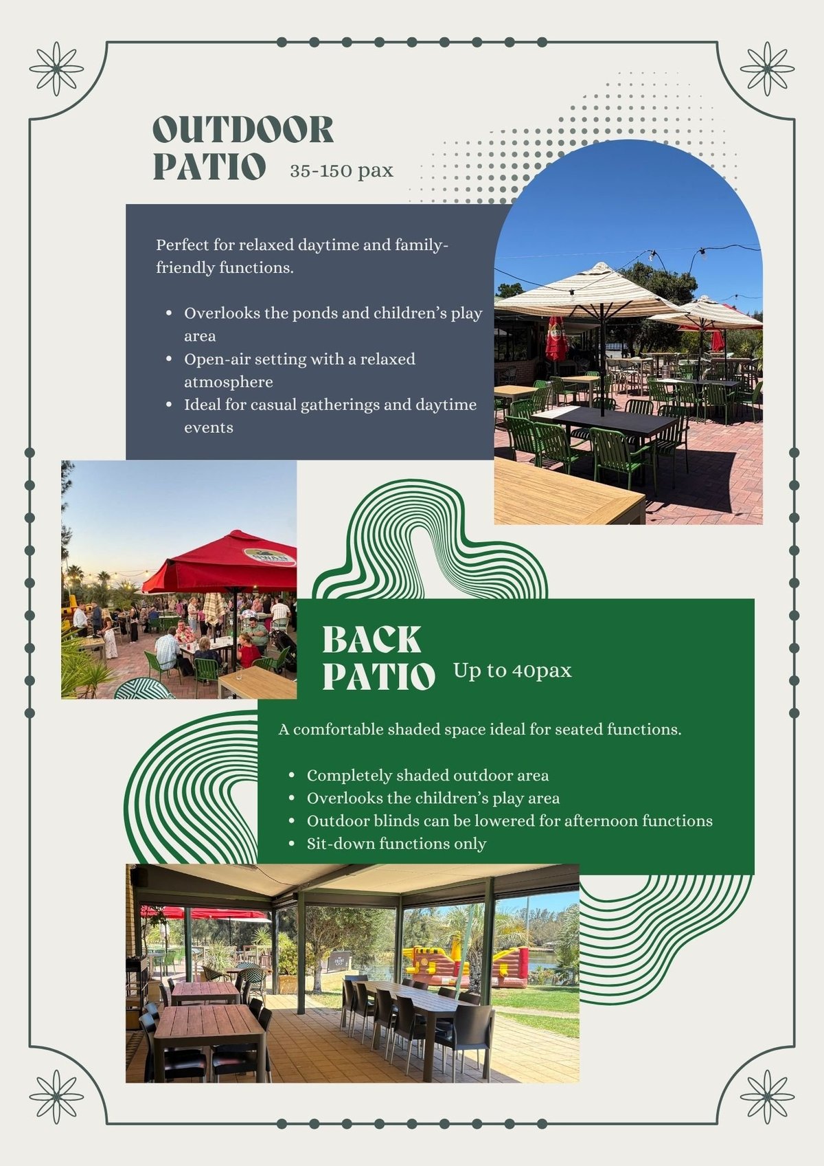 Infographic comparing outdoor patio and back patio spaces with capacity, features, and photos of each venue option