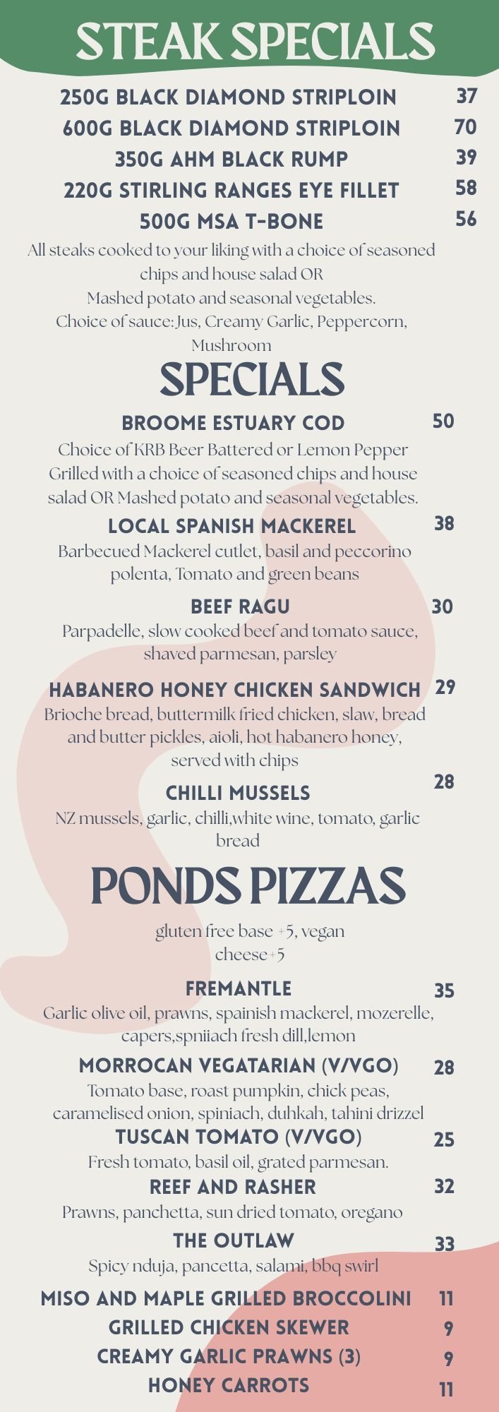 Restaurant menu displaying steak specials, seafood dishes, specials, Ponds pizzas, and sides with prices