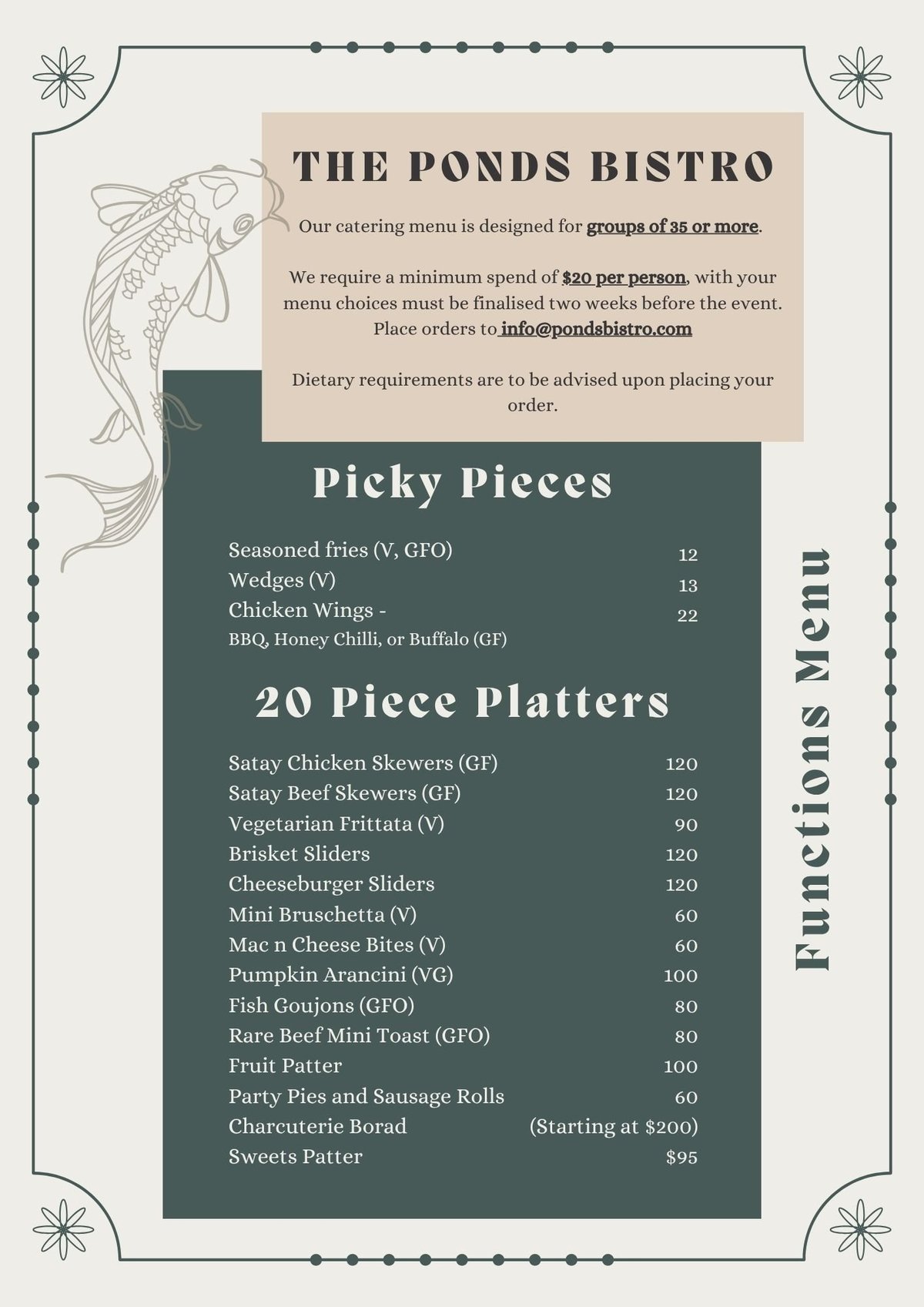 The Ponds Bistro catering menu featuring picky pieces and 20-piece platters with pricing and dietary information