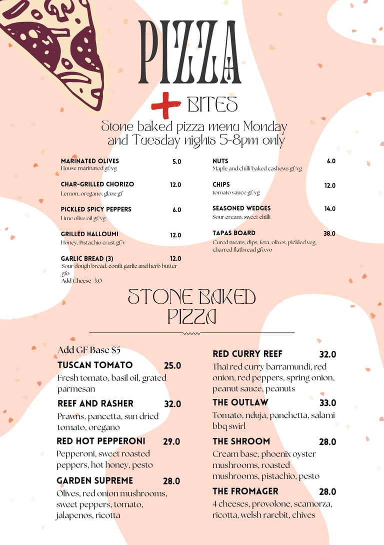 Pizza Bites and Stone Baked Pizza menu with pricing, available Monday and Tuesday 5-8pm