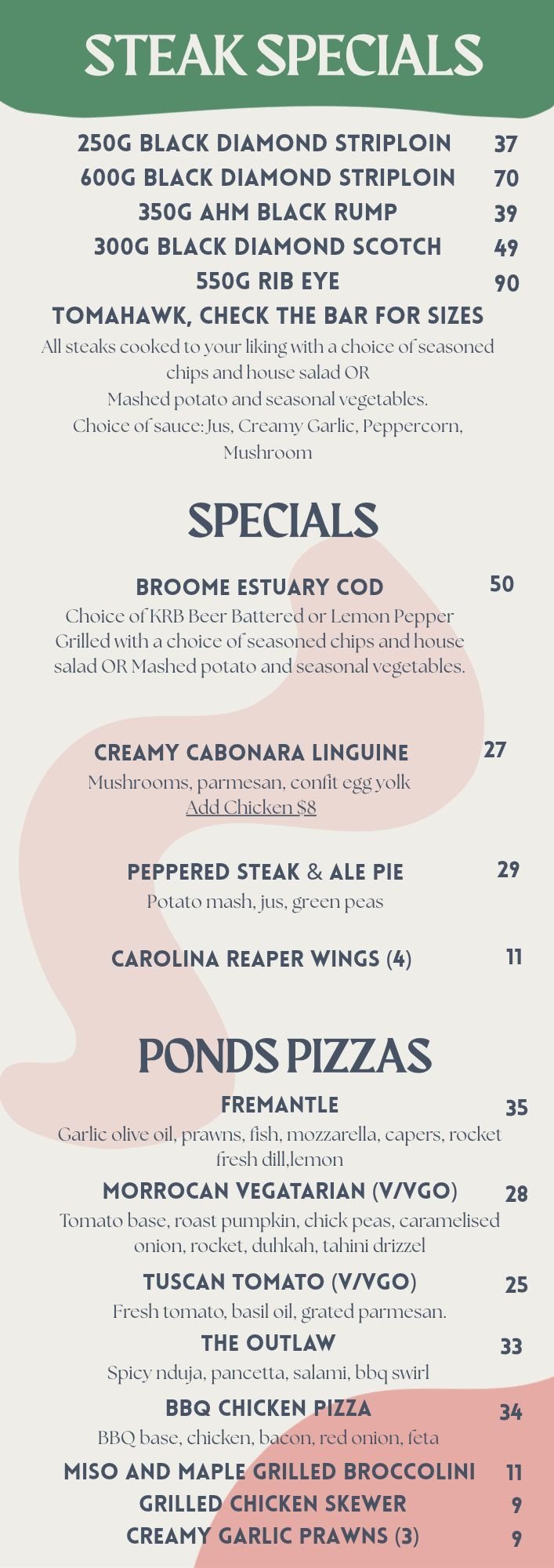 Menu featuring steak specials, main course dishes, pizzas and appetizers with prices at a restaurant
