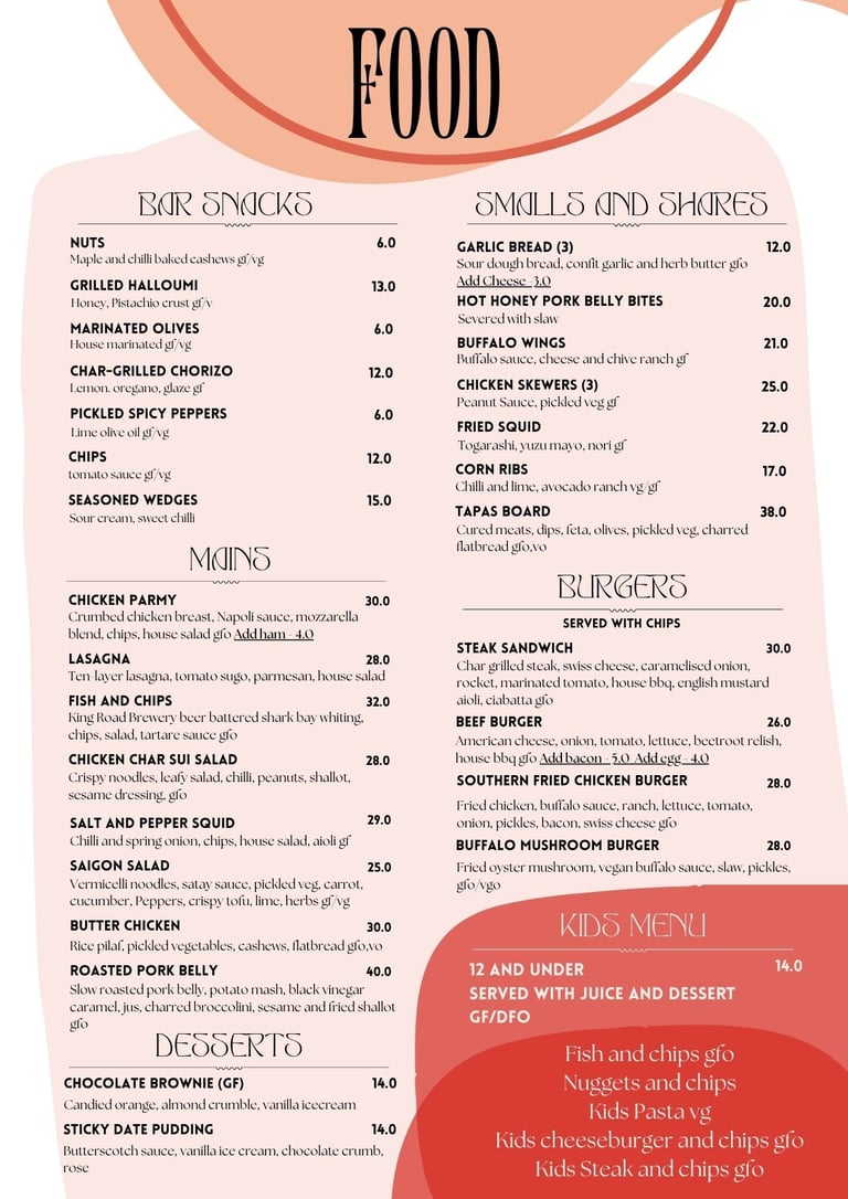Restaurant food menu with bar snacks, mains, burgers, desserts and kids menu items with prices